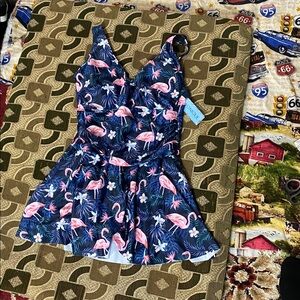 Yonique Flamingo Print One-Piece Swimdress – Skirted Swimsuit – Tropical XL